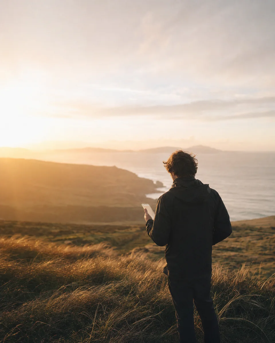 A person looking toward the coast while holding a phone at sunrise